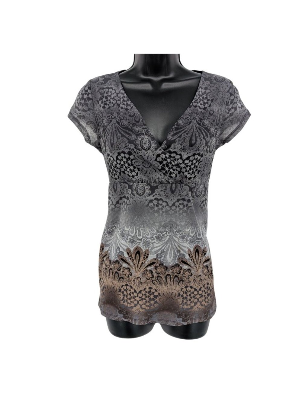 Vtg Lace Print Babydoll Top Y2K Neutral Feminine Office Festival Casual Size S